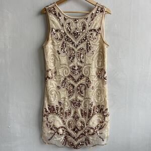 Endless Rose Womenโs L Champagne Sequin Sheath Dress Art Deco Large Great Gatsby